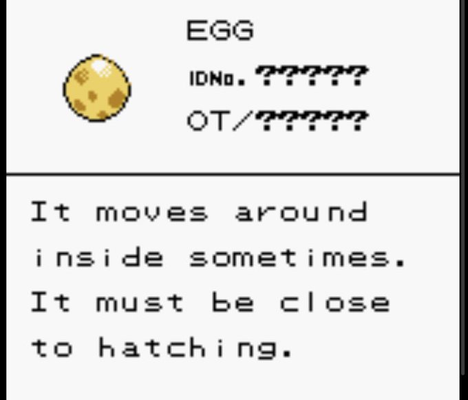 Pixel art screenshot from a Pokémon game showing an EGG item entry that reads 'It moves around inside sometimes. It must be close to hatching.'