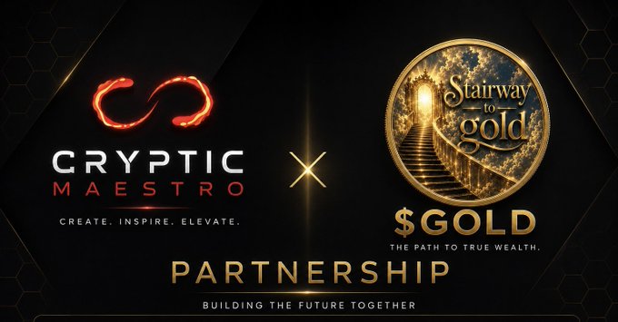 The image features a black background with gold text that reads "Cryptic Maestro X x $GOLD Partnership" at the top, followed by an image of a staircase leading up to a golden coin. The caption below the image states "Excited to be partnering with @stairwaytogold8 - $GOLD Activity has been steadily increasing, trading volume is gaining traction, and the community continues to expand."