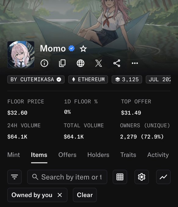 A mobile screenshot displays an NFT collection called 'Momo' by cutemikasa on Ethereum, featuring a pink-haired anime character, with a floor price of $32.60.