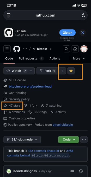 A mobile screenshot shows a GitHub repository page for "bitcoin" with two orange boxes highlighting the star icon and the star count.