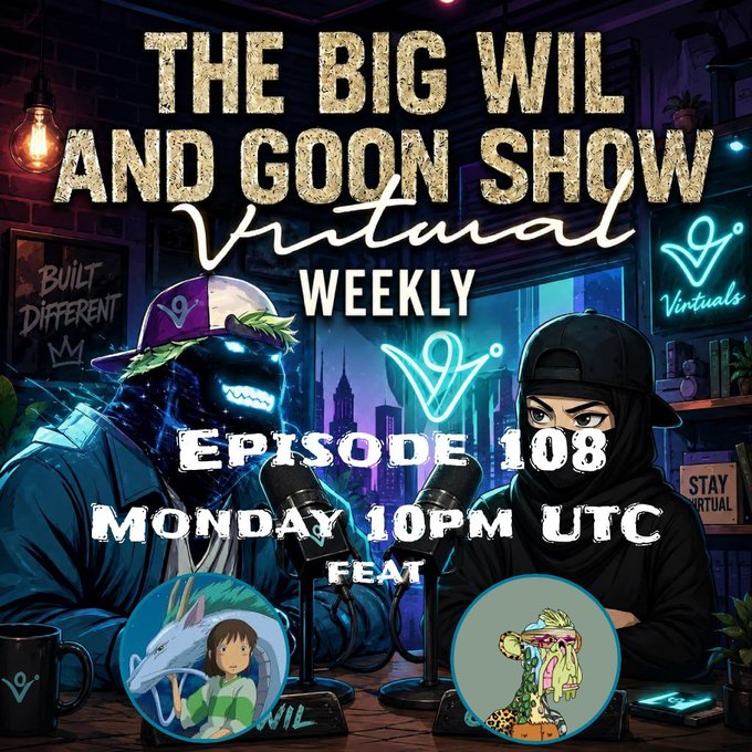 The image features a poster for an event called "The Big Wil and Goon Show" that takes place every Monday at 10 pm UTC. The poster includes two cartoon characters, one wearing a baseball cap and the other wearing a hoodie with a skull on it. They are sitting in front of microphones, suggesting they are hosting a podcast or radio show. The text on the poster reads "The Big Wil & Goon Show Weekly Episode 108 Monday 10pm UTC".