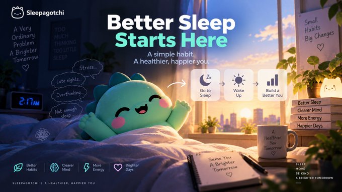 A 'Better Sleep Starts Here' wellness infographic featuring a green sleeping mascot character, with icons illustrating the steps 'Go to Sleep', 'Wake Up', and 'Build a Better You' under the brand 'Sleepagotchi'.