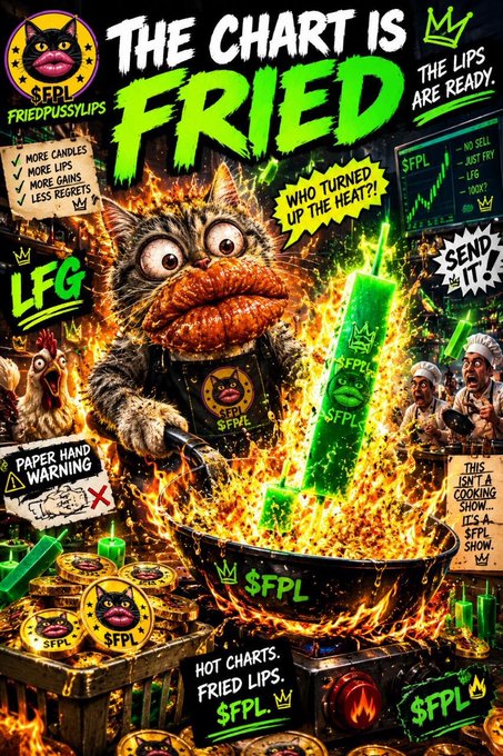 A chaotic meme-style promotional graphic for the "$FPL" token features a wild-eyed cat with enormous lips cooking a green candle in a flaming wok, with slogans like "THE CHART IS FRIED," "THE LIPS ARE READY," and "LFG."