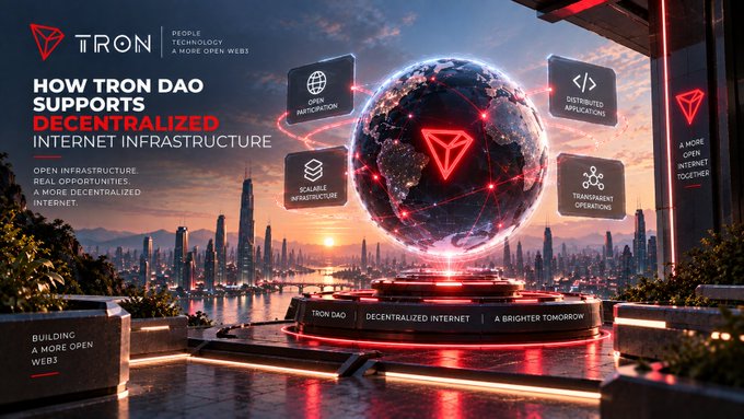 A promotional graphic for TRON DAO featuring a futuristic cityscape and a digital globe, with the headline 'HOW TRON DAO SUPPORTS DECENTRALIZED INTERNET INFRASTRUCTURE' and icons highlighting Open Participation, Scalable Infrastructure, Distributed Applications, and Transparent Operations.