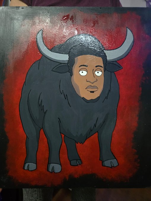 A painting of a minotaur-like figure with a human face and large horns standing against a red background.