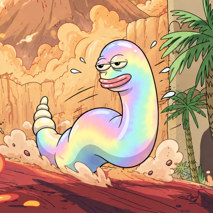 A cartoon illustration of a rainbow-colored, grub-like creature with a smug expression emerging from lava and dust in a volcanic landscape.