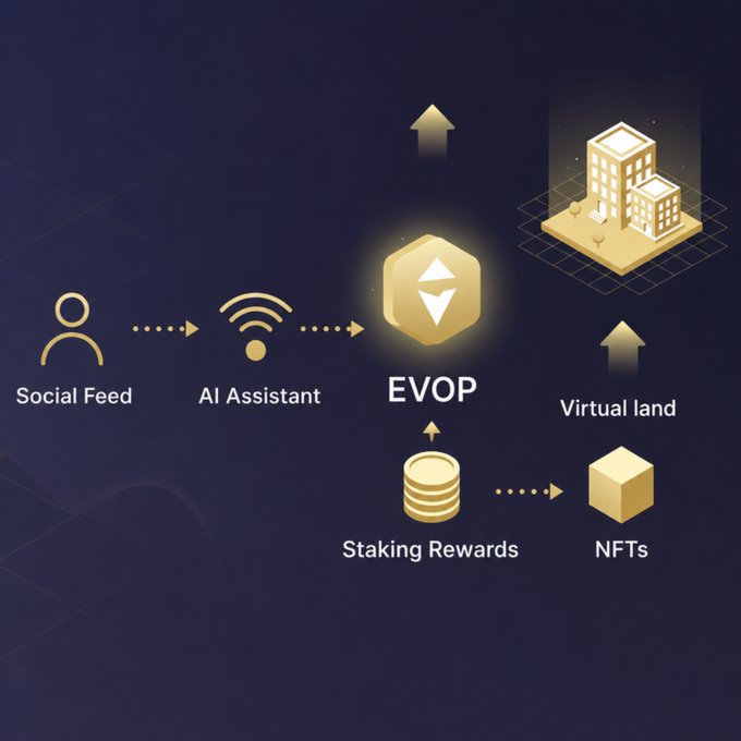 An infographic illustrates the EVOP ecosystem flow, showing users moving from a "Social Feed" through an "AI Assistant" into the EVOP token, which then connects to "Virtual land," "Staking Rewards," and "NFTs." This visual maps how the EVOP Pro × My Konnect Book partnership funnels mainstream social users into EVOP's metaverse, staking, and GameFi offerings, strengthening network effects for holders.