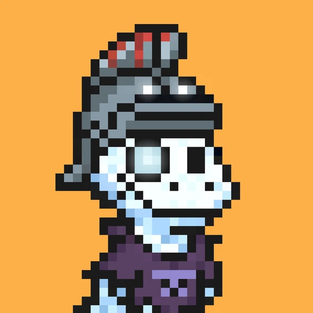 Pixel art image of a skeletal character wearing dark armor and a helmet with a red plume against an orange background.