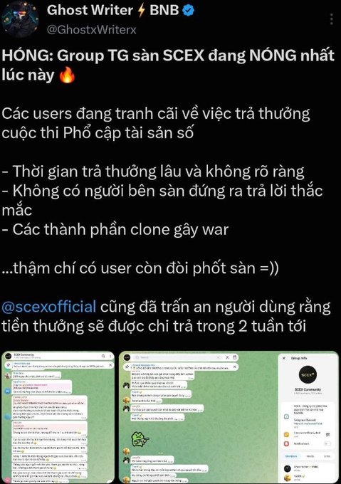 A Twitter/X post by Ghost Writer (@GhostxWriterX) in Vietnamese discussing user complaints about reward distribution in the SCEX exchange's TG group, with screenshots of chat conversations below.