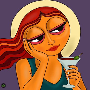 A stylized illustration of a bored-looking woman with red hair holding a martini glass, featuring exaggerated eyes and lips against a purple background.