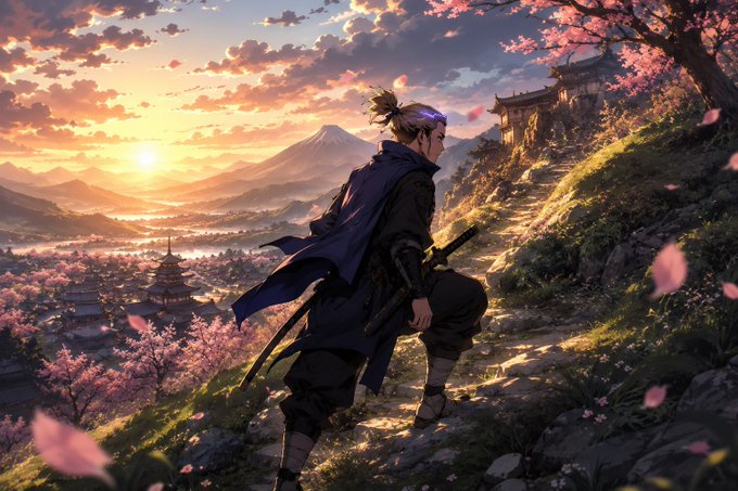 An anime-style illustration of a samurai warrior carrying a katana, standing on a hillside overlooking a Japanese village with cherry blossoms and a sunset in the background.