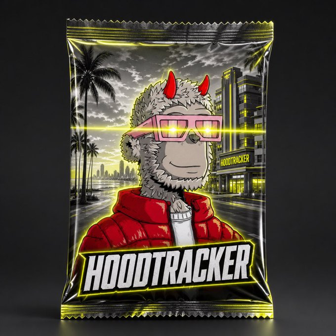 A stylized digital art poster of an NFT-style furry character with red devil horns and pink glasses, labeled 'HOOTRACKER', packaged in a yellow-rimmed plastic bag design against a city backdrop.