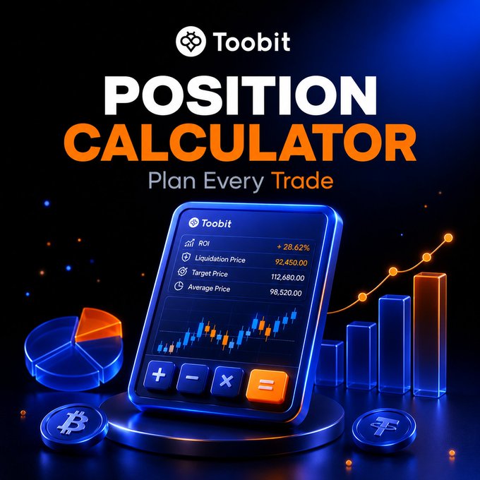 A Toobit promotional graphic for a "Position Calculator" tool, featuring a 3D rendered calculator interface displaying metrics like ROI (+28.62%), Liquidation Price (92,450.00), Target Price (112,680.00), and Average Price (98,520.00), surrounded by cryptocurrency coins (Bitcoin, Tether) and bar charts. The image visually reinforces the post's message of calculated, strategic crypto trading by showcasing the analytical tool that helps users plan entries and assess risk before executing trades.