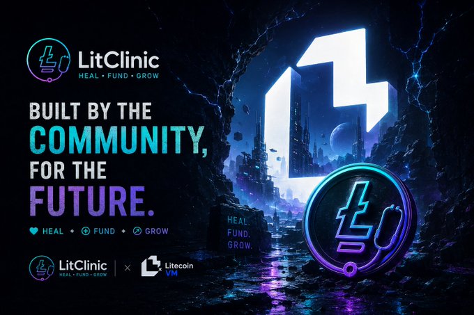 LitClinic promotional graphic featuring a Litecoin logo with the tagline 'BUILT BY THE COMMUNITY, FOR THE FUTURE' and 'HEAL FUND GROW' branding.