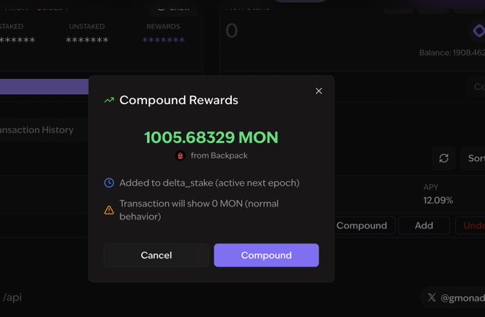 A dark cryptocurrency interface displays a 'Compound Rewards' popup for '1005.68329 MON from Backpack'. Text indicates the rewards are 'Added to delta_stake' with an APY of 12.09%.