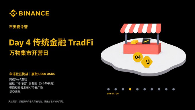 A Binance promotional banner for "Day 4" of their Crypto Summer Camp, themed "Traditional Finance TradFi 万物集市开营日," featuring a cartoon market stall graphic and offering a 5,000 USDC community challenge reward. The image illustrates the post's reference to "stage four" and the "first Boss battle" of learning TradFi concepts, with progress markers showing "DAY 04 / 10" at the bottom right.