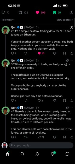 A mobile screenshot of a Twitter/X thread by user @0xQuit posted 5 hours ago, displaying posts 2-4 about "Quit," a bilateral trading desk for NFTs and tokens on Ethereum built on OpenSea's Seaport contract, with each post showing engagement numbers (28, 24, and 21 likes respectively). The thread details the platform's peer-to-peer swap functionality, security features, and dynamic fees ranging from 0.001-0.05 ETH per side, aligning with the caption's description of a swap platform similar to BAYC's flooor.fun.