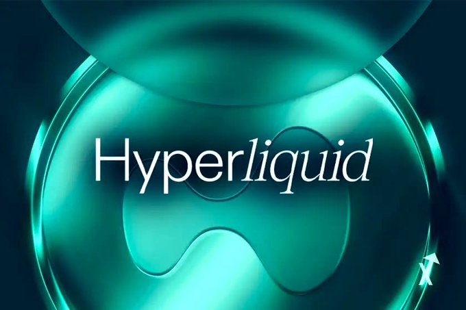 A sleek, teal-colored abstract graphic featuring the white text 'Hyperliquid' over a fluid, liquid-like background with a small 'X' logo in the corner.
