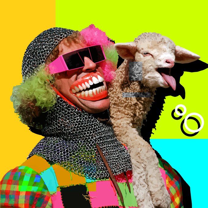 A surreal, colorful image shows a person wearing a chainmail coif and pink sunglasses with a wide, toothy grin, alongside a sheep with its tongue out, against a bright yellow, green, and blue background.