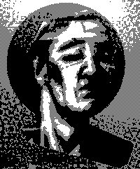 A high-contrast black and white stylized portrait of a person wearing a cap, featuring no text.
