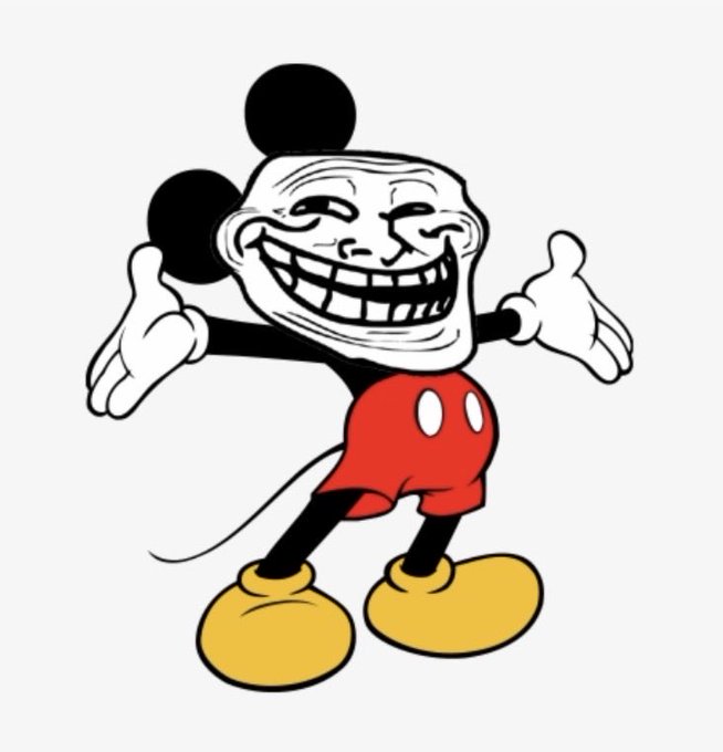 Trollface meme character depicted as Mickey Mouse wearing red shorts and yellow shoes, with a wide grinning expression and arms outstretched.
