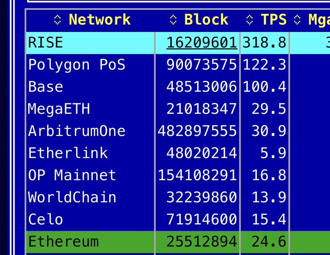A blue data table showing blockchain networks with columns for Network, Block, and TPS (Transactions Per Second). RISE leads with 318.8 TPS, followed by Polygon PoS (122.3), Base (100.4), and others including MegaETH, ArbitrumOne, Etherlink, OP Mainnet, WorldChain, Celo, and Ethereum at 24.6 TPS.