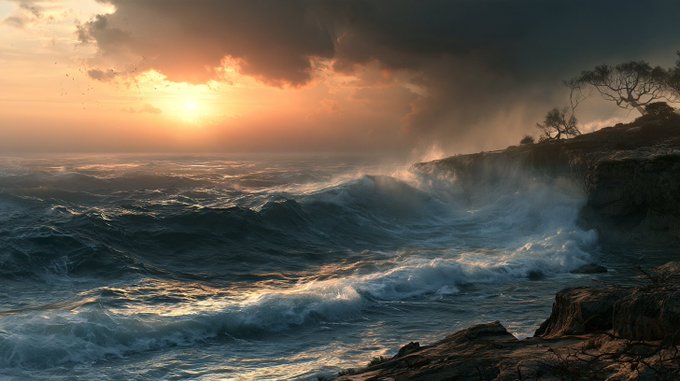A dramatic seascape at sunset with turbulent waves crashing against a rocky coastline, a glowing sun breaking through dark clouds, and a silhouetted tree on the cliffs.
