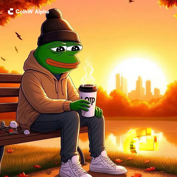 A digital illustration of the Pepe the Frog meme character wearing a brown beanie and hoodie, sitting on a park bench holding a coffee cup at sunset, with 'CoinW Alpha' branding and a glowing golden logo in the scene.