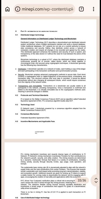 A mobile screenshot of a Pi Network whitepaper section titled "Distributed ledger technology" discusses decentralization, security, and PI's consensus algorithm, with a page indicator showing 33/36. The document elaborates on technical aspects of Pi's blockchain, including cryptographic order, Byzantine Agreement (SCP), and Federated Byzantine Agreement (FBA), relevant to concerns about "real coins" and Pi's economic ecosystem.