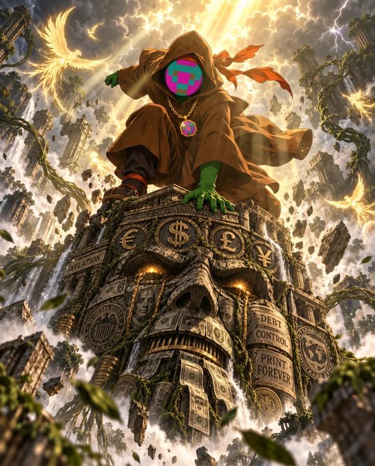 A vibrant, AI-generated illustration of a hooded figure with a green face sitting atop a crumbling stone tower adorned with currency symbols and the word 'INFLATION'.