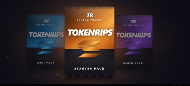 Three 'TOKENRIPS' Solana token packs are displayed: a blue Mini Pack, an orange Starter Pack, and a purple Degen Pack, each featuring the TR logo.