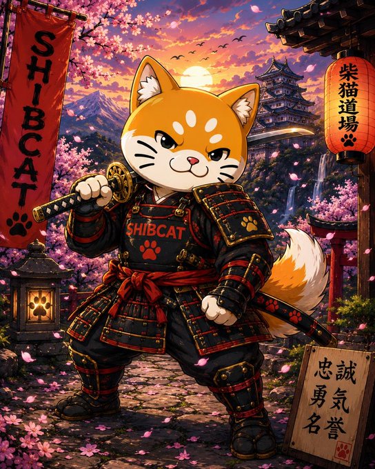 An illustration of a Shiba Inu dog dressed in samurai armor, holding a katana, with "SHIB" and "SHIBCAT" text visible on its armor and surrounding banners, set against a backdrop of cherry blossoms, a pagoda, and a sunset.