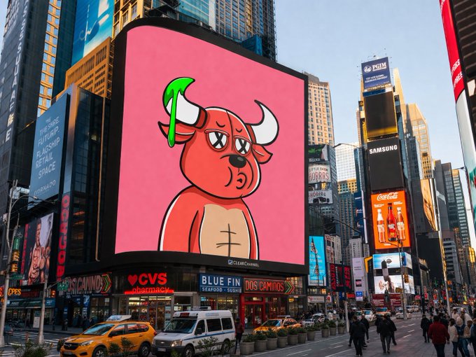 A Times Square billboard displays a cartoon red bull with a sad expression on a pink background, with CVS Pharmacy and other storefronts visible below.