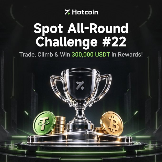 An advertisement displays a silver trophy flanked by a Tether (USDT) and Bitcoin coin, promoting the "Hotcoin Spot All-Round Challenge #22" with the text "Trade, Climb & Win 300,000 USDT in Rewards!".