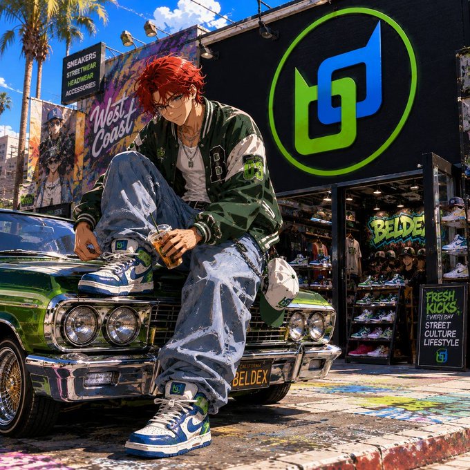 An anime-style illustration of a red-haired young man in a green jacket and baggy jeans sitting on a classic car outside a 'BELDEX' streetwear store with a green logo, accompanied by text 'FRESH KICKS STREET CULTURE LIFESTYLE'.