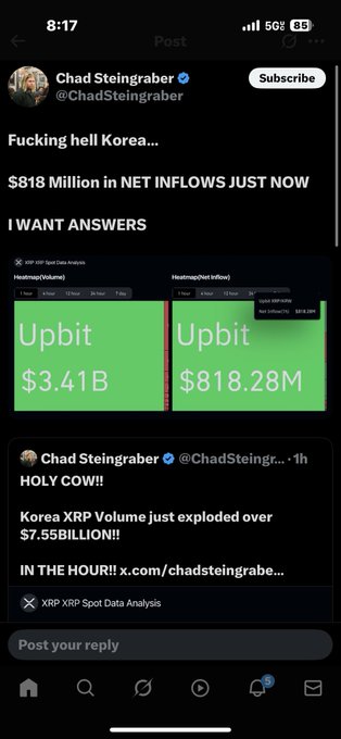 An X post by Chad Steingraber (@ChadSteingraber) titled 'Fucking hell Korea...' announcing '$818 Million in NET INFLOWS JUST NOW' with screenshots showing Upbit exchange volumes of $3.41B and $818.28M.