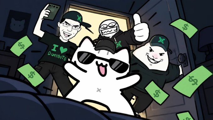 A cartoon illustration shows three figures wearing black shirts and green caps with atom symbols, accompanied by a white cat mascot wearing sunglasses, all surrounded by floating dollar bills. One figure's shirt reads "I ♥ Duelbits," while green dollar signs float around the group, matching the post's request for crypto wallets ("drop SOL wallets").
