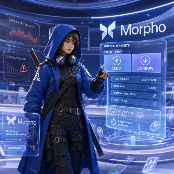 A stylized promotional image for 'Morpho' featuring an anime-style character in a blue hooded coat alongside an interface displaying 'MORPHO MARKETS FIXED TERM' with LEND and BORROW options (5.48% Fixed APR, Term End Date 2025-12-31).