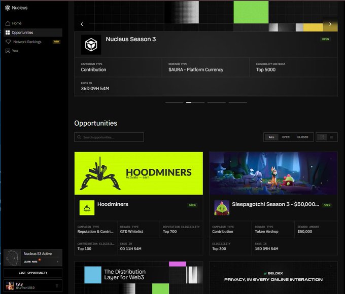 Screenshot of the Nucleus platform dashboard showing 'Nucleus Season 3' campaign with contribution rewards in $AURA, featuring opportunities like 'Hoodminers' and 'Sleepagotchi Season 3 - $50,000'.