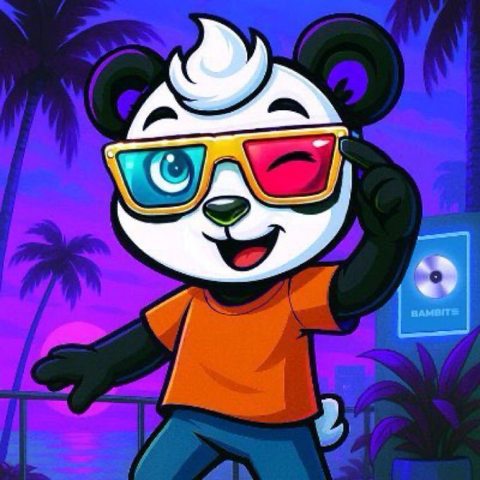 The image features a cartoon panda wearing glasses and an orange shirt, standing against a colorful background with palm trees and a sunset. The panda appears to be smiling and waving at the camera while holding up two pairs of sunglasses. The caption above the image reads "Focus on what is in the image and how it relates to the post", suggesting that the viewer should pay attention to the details within the scene, such as the panda's facial expression or the sunglasses he is holding.
