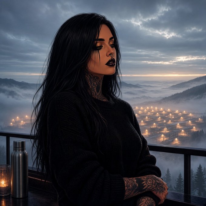 A gothic-style portrait of a woman with long black hair, dark lipstick, facial piercings, and visible tattoos, wearing a black sweater while standing on a balcony overlooking a misty mountain valley dotted with lights at dusk.
