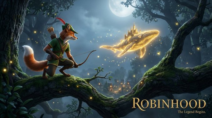 A fantasy illustration titled 'Robinhood: The Legend Begins' depicting an anthropomorphic fox archer on a tree branch aiming at a glowing golden whale in the night sky.
