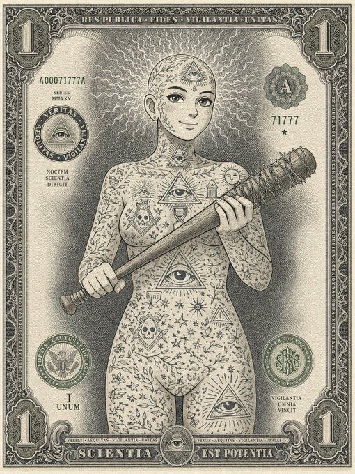 This surrealist artwork reimagines a currency note with a nude woman covered in esoteric symbols, including various "All-Seeing Eyes" and stars. The image features text like "SCIENTIA EST POTENTIA" and the number "71777," relating to the post's "GN" (Gnosis) theme through its heavy use of occult and mystical imagery.