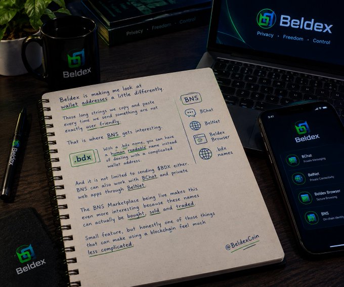 A handwritten notebook page explains Beldex Name Service (BNS), which allows users to replace complex wallet addresses with human-readable ".bdx" names, sitting alongside a Beldex-branded mug, pen, laptop, and phone displaying the Beldex app menu with features like BChat, BelNet, and Beldex Browser. The setup visually echoes the caption's theme of simplifying cryptocurrency wallet interactions through the Beldex ecosystem.