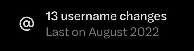 A graphic on a dark background featuring an '@' icon with text reading '13 username changes' and 'Last on August 2022'.