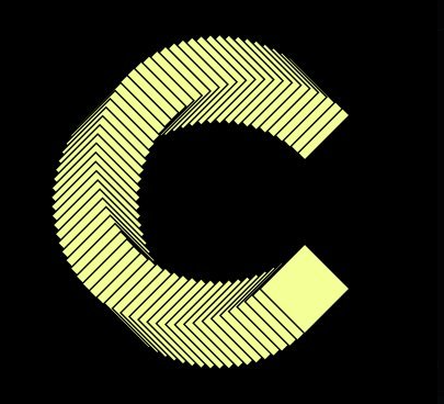 The image presents a large "C" made up of numerous small squares, creating an eye-catching and visually striking design that seems to be in a state of transition, possibly from being printed or drawn. The caption associated with this image indicates that the C is related to the tokenization of assets by financial institutions like Goldman Sachs, JPMorgan, and DTCC, as well as CT's ongoing discussion on which meme coin they believe will reach 100x this week.