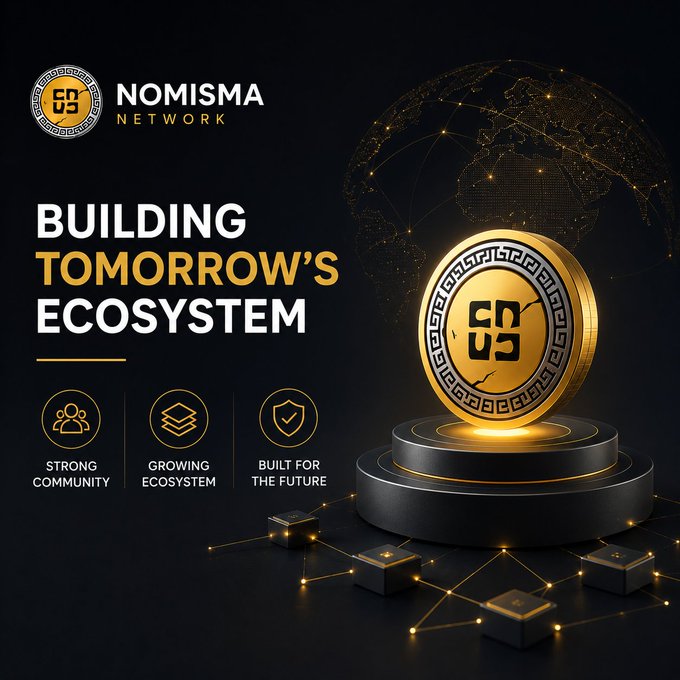 The image is a promotional graphic for **Nomisma Network**, featuring the tagline "**Building Tomorrow's Ecosystem**" alongside three key pillars: Strong Community, Growing Ecosystem, and Built for the Future. A glowing golden coin with the Nomisma logo sits prominently on a dark pedestal in front of a digital globe, symbolizing the network's global, crypto-focused vision of steady, long-term growth and engagement.