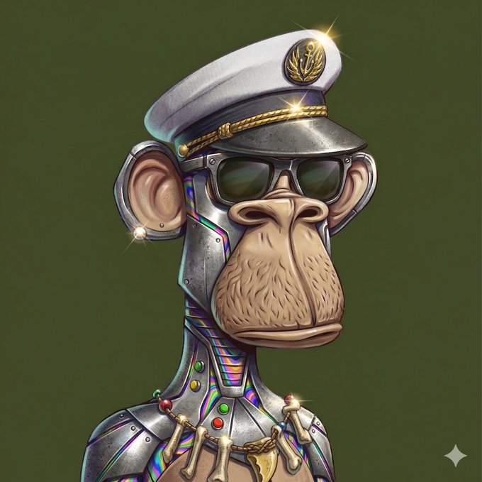 The image features a cartoon monkey wearing sunglasses and a hat with a gold emblem. The monkey appears to be dressed as a robot or cyborg, complete with armor and a necklace. The caption of the image reads "Can' even look at the currency anymore! Community cohesion, brand culture, NFTs absolutely number one!". This post seems to be promoting an item related to cryptocurrency or digital assets, possibly featuring a monkey character wearing a gold-emblazoned hat as a mascot for a new cryptocurrency.