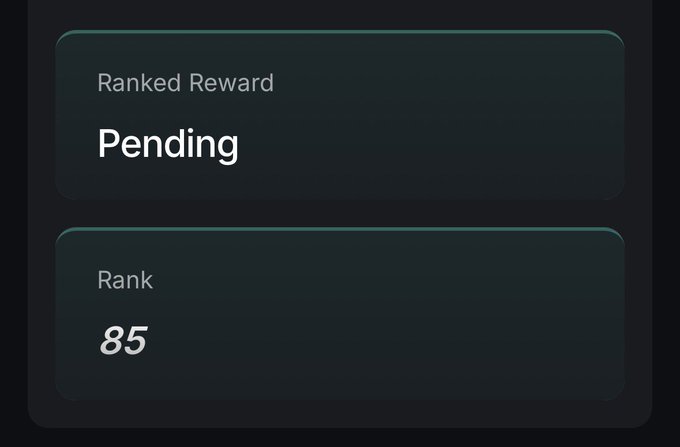 A dark interface panel displays 'Ranked Reward' as 'Pending' and 'Rank' as '85'.