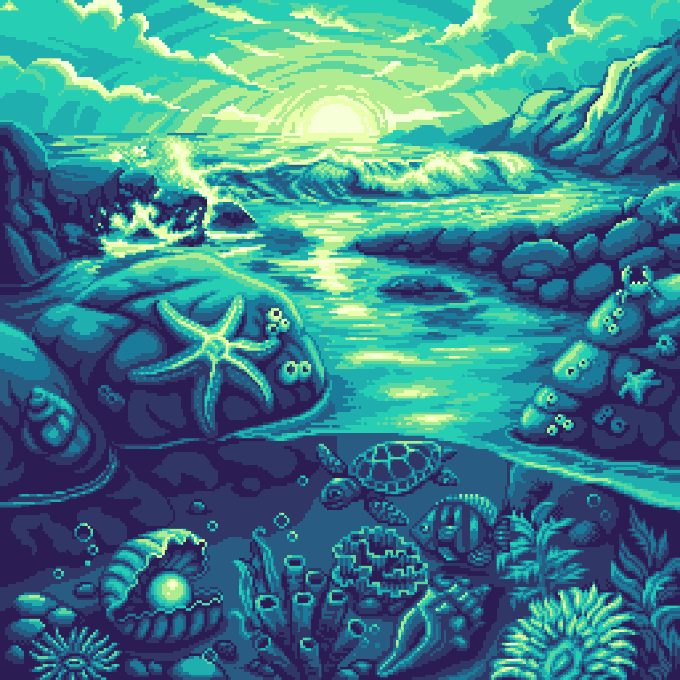 A pixel art coastal scene featuring a sunset over ocean waves, with rocks, starfish, shells, coral, and a sea turtle in the foreground rendered in a limited teal and yellow color palette.